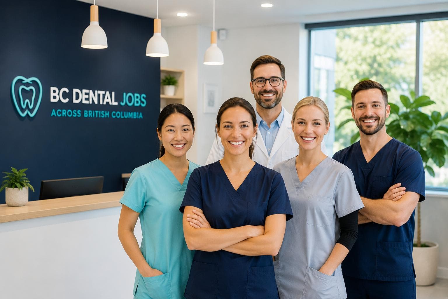 A team of five smiling dental professionals standing together in a modern BC Dental Jobs clinic reception