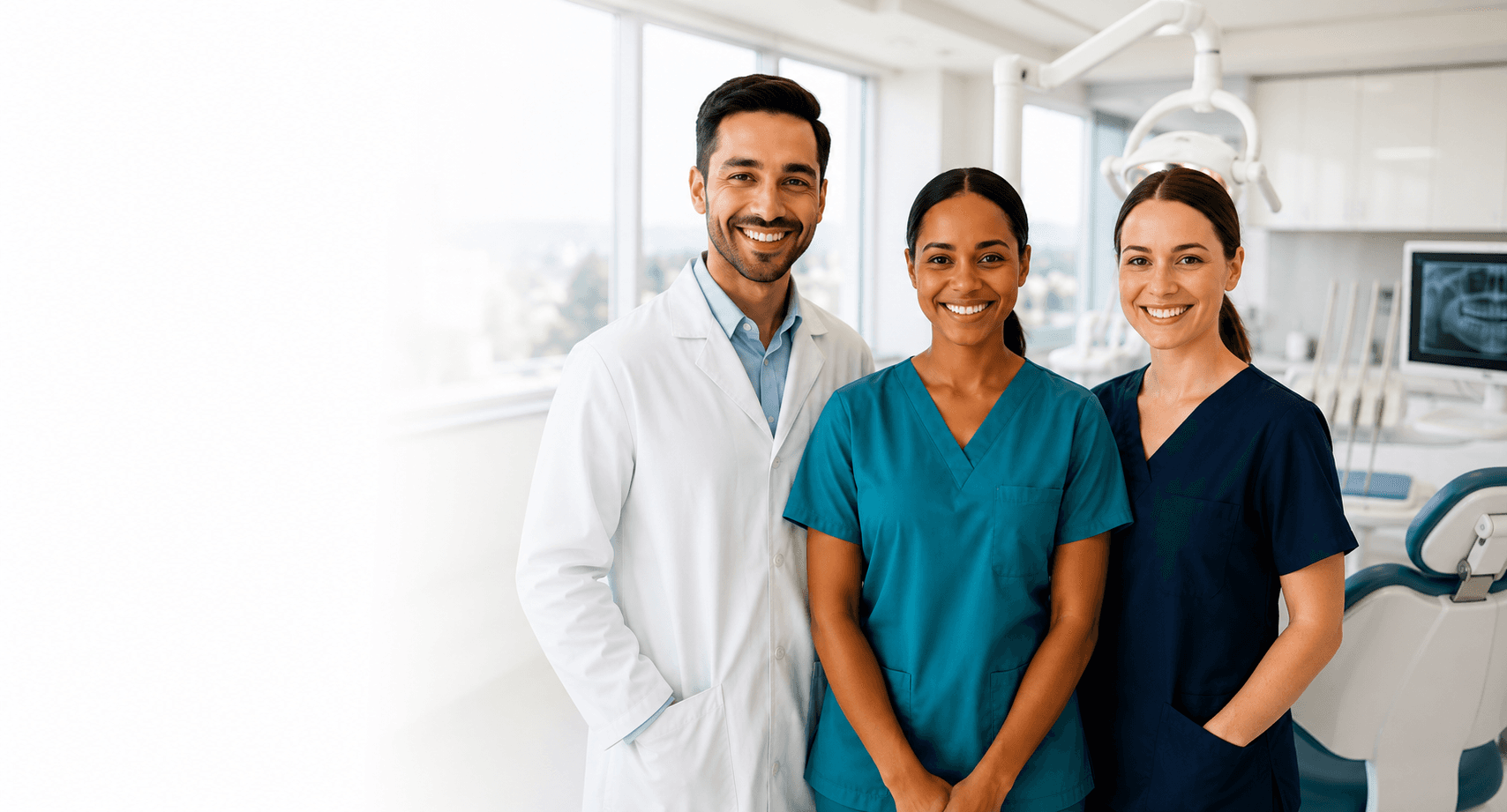 Three smiling dental professionals standing together in a bright, modern BC Dental Jobs clinic